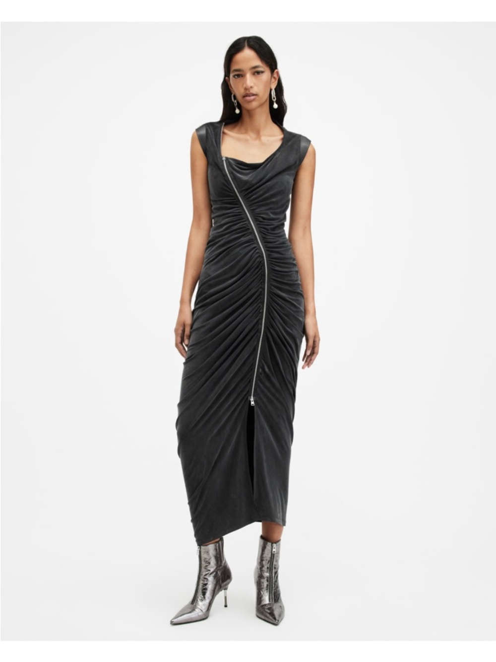 AllSaints Charcoal Ruched Zip-Front Midi Dress